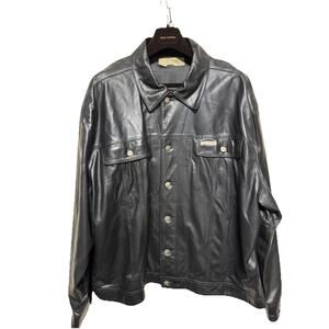 Iceberg IceJeans Leather Jacket Mens 56 Black Trucker Embroidered Made in Italy